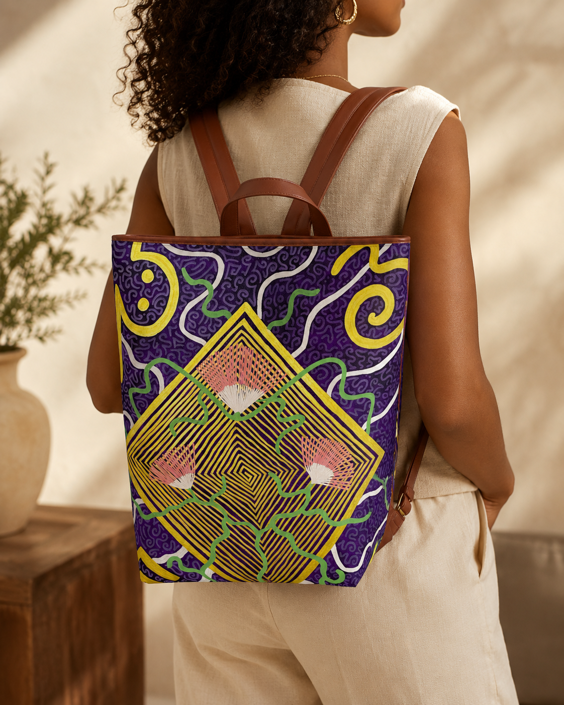 Bobinsanita vegan leather wearable art backpack by VESSELA LUMINA

Original art backpack with violet green and gold Bobinsanita design

Structured vegan leather backpack with adjustable straps

Artist-designed backpack for travel creative work and daily essentials

VESSELA LUMINA Bobinsanita Backpack close-up