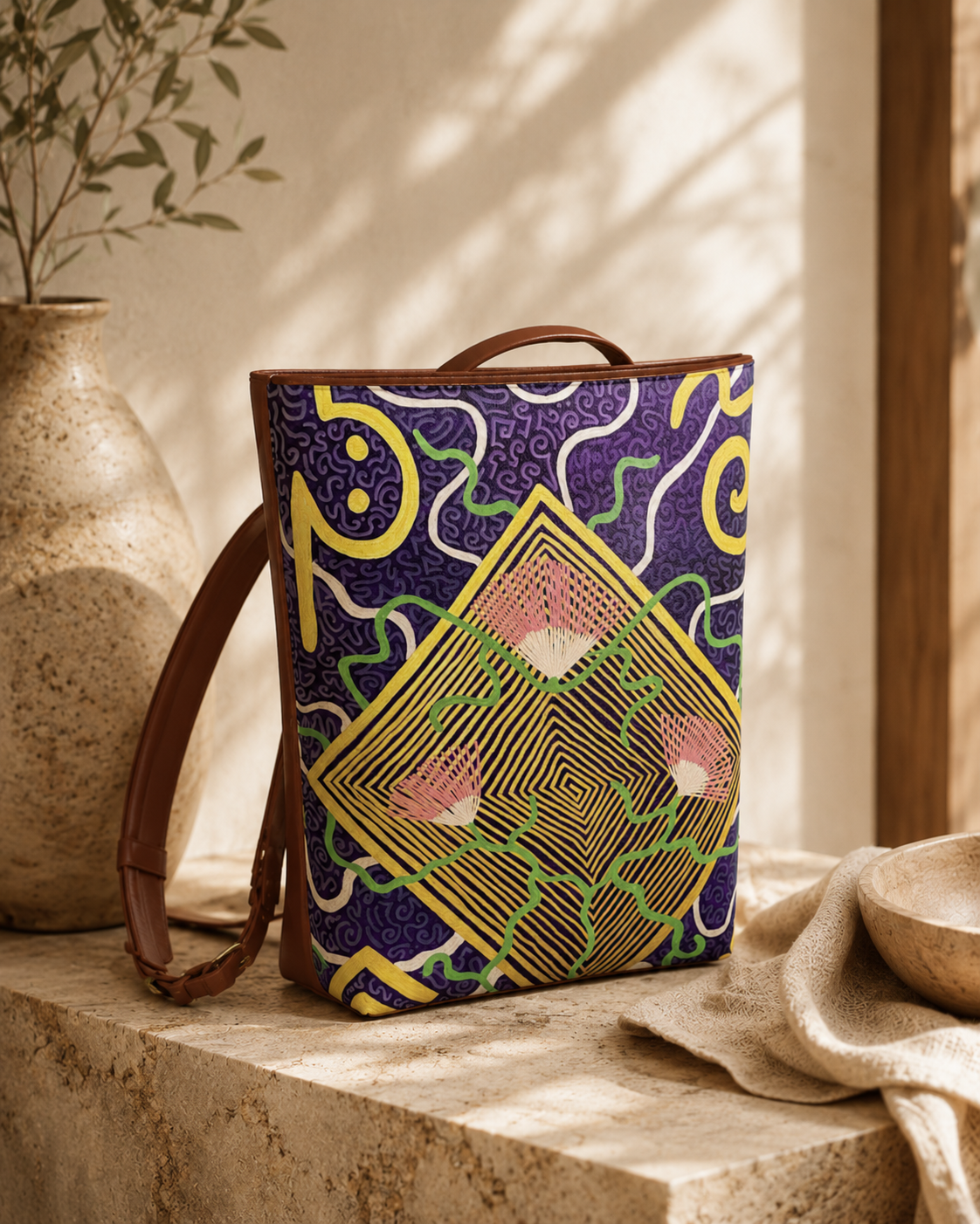 Bobinsanita vegan leather wearable art backpack by VESSELA LUMINA

Original art backpack with violet green and gold Bobinsanita design

Structured vegan leather backpack with adjustable straps

Artist-designed backpack for travel creative work and daily essentials

VESSELA LUMINA Bobinsanita Backpack close-up